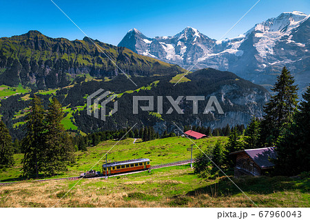 Electric tourist train and snowy Jungfrau mountains, Bernese Oberland, Switzerland Electric tourist train and snowy Jungfrau mountains, Bernese Oberland, Switzerland 67960043