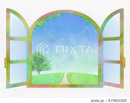 水彩画風　窓　街　風景　眺め　換気 67960360