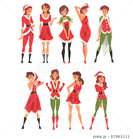 Beautiful Girls Wearing Red Santa Claus Costumes Collection, Happy Young Women in Christmas Clothes Vector Illustration 67963111