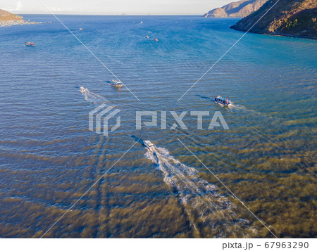 Top view of a boat sailing to the sea or river 67963290