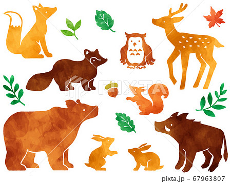 森の動物達の水彩風イラストセットのイラスト素材