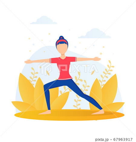 Girl Doing Yoga in the Park, Young Woman Standing in Warrior Pose During Morning Physical Workout Flat Vector Illustration 67963917