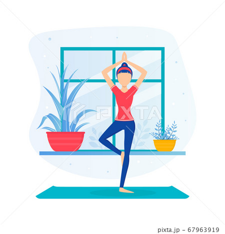 Girl Doing Yoga, Young Woman Standing in Tree Pose During Morning Physical Workout Flat Vector Illustration 67963919