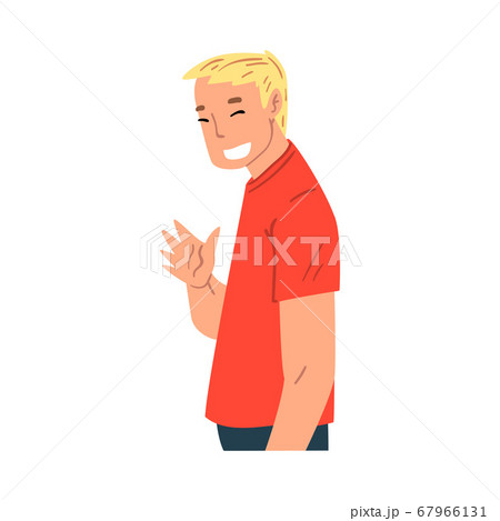 Smiling Young Man Waving His Hand, Modern Communication Concept, Man Chatting Online via the Internet Using Video Call or Talking Face to Face Vector Illustration 67966131