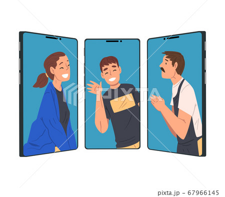 Group of People Connecting via Social Network, Men and Woman Chatting Online Using Smartphone Video Call, Communication via the Internet Vector Illustration 67966145