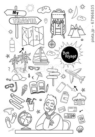 Bon voyage. Doodle set of vector linear travel doodles. Travel concept with a dreaming person. A lot of things, items, clothes, luggage, documents, fins - everything for relaxing at sea and in the 67966835