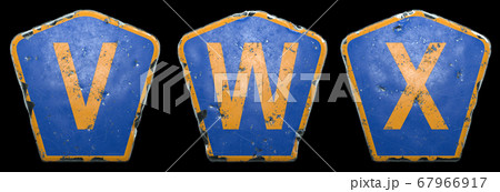 Set of public road signs in blue and orange color with a capital letters V, W, X in the center isolated black background. 3d Set of public road signs in blue and orange color with a capital letters V, W, X in the center isolated black background. 3d 67966917