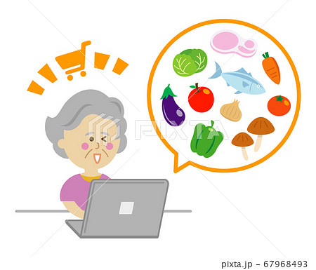 ネットショッピングで食材を購入する高齢者のイラストイメージのイラスト素材