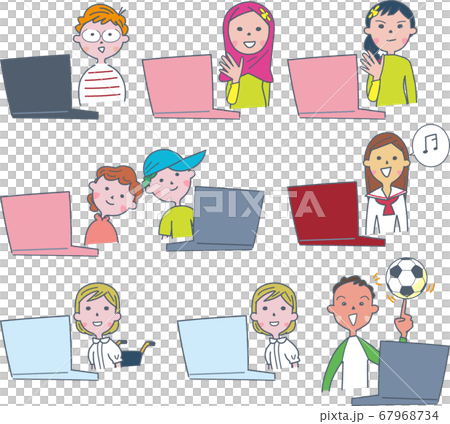 ノートパソコンを使う子どもたち　イラスト　セット 67968734
