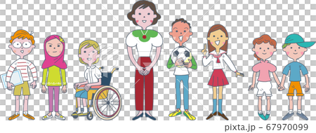 先生の周りに集う小学生たち　セット　イラスト	 67970099