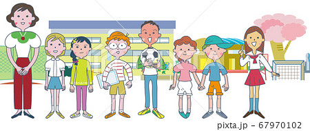 先生の周りに集う小学生たち　セット　イラスト	 67970102