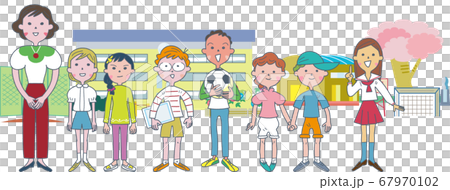 先生の周りに集う小学生たち　セット　イラスト	 67970102