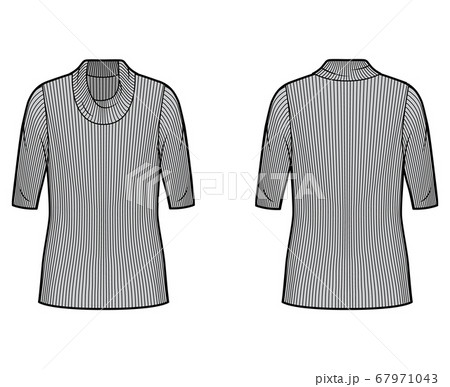 Ribbed cowl turtleneck knit sweater technical fashion illustration with elbow sleeves, oversized body, tunic length.  67971043