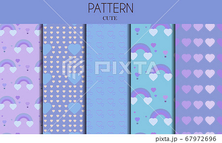 A set of seamless cute pastel patterns with hearts and rainbows. Flat vector graphics design for background, textiles. Beautiful girly ornament for a postcard, website, holiday or wedding 67972696