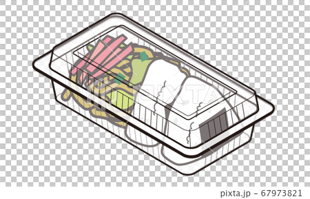 持ち帰り販売のフードパックに入った焼きそばとおにぎり弁当 67973821