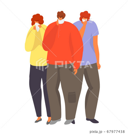 Sneeze group of character people standing in medical mask, ache sick man woman hold hand close mouth isolated on white, cartoon vector illustration. 67977438