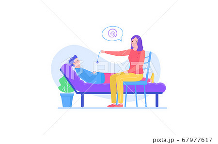 Woman character psychologist conduct medical hypnosis to patient male find forgotten mind psychology problem isolated on white, flat vector illustration. Woman character psychologist conduct medical hypnosis to patient male find forgotten mind psychology problem isolated on white, flat vector illustration. 67977617
