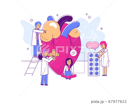 Tiny character professional scientific doctor, teamwork research organism, line physician personal study heart isolated on white, flat vector illustration. 67977622