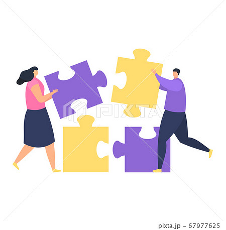 Teamwork collaboration, male female character hold business puzzle, time industry company management isolated on white, flat vector illustration. 67977625