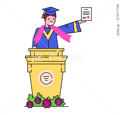Black man character complete secondary school, graduation student standing get diploma isolated on white, flat vector illustration. 67977790