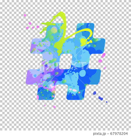 Special symbol hashtag sign with effect of liquid spots of paint in blue, green, pink colors 67978204