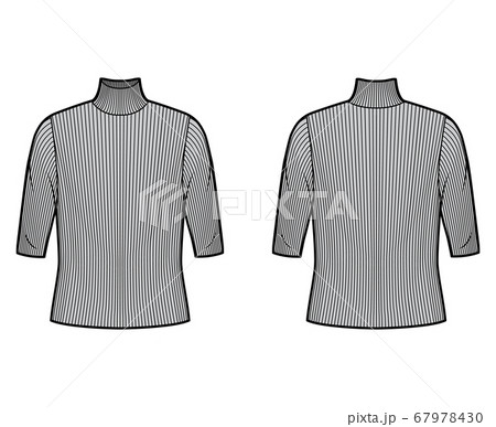 Turtleneck ribbed-knit sweater technical fashion illustration with elbow sleeves, oversized body.  67978430