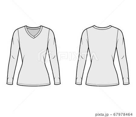 V-neck jersey sweater technical fashion illustration with long sleeves, close-fitting shape, tunic length.  67978464