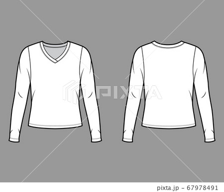 V-neck jersey sweater technical fashion illustration with long sleeves, oversized body  67978491