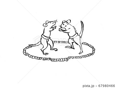 鼠二匹が相撲とっていて猫だましを出したイラストのイラスト素材