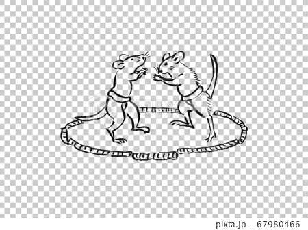 鼠二匹が相撲とっていて猫だましを出したイラストのイラスト素材
