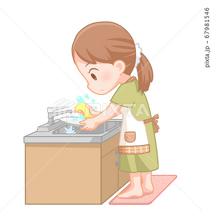 水仕事 食器洗い 女性 イラストのイラスト素材