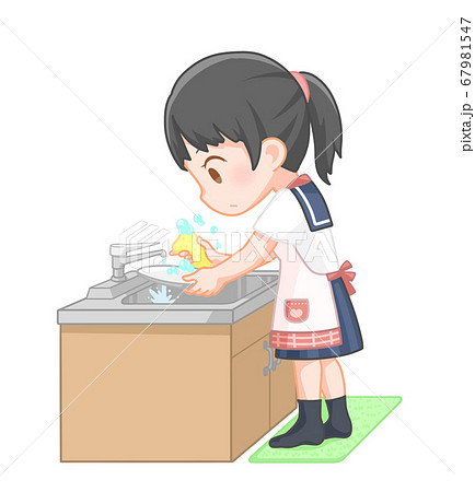 水仕事 食器洗い 女性 イラストのイラスト素材