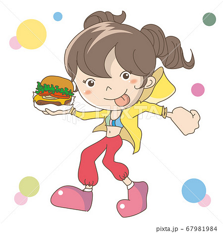 ハンバーガーを手に持つ 女性のイラスト素材