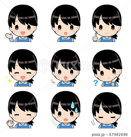 イラスト素材 アニメ調 エプロンを着た黒髪女性の表情セットのイラスト素材