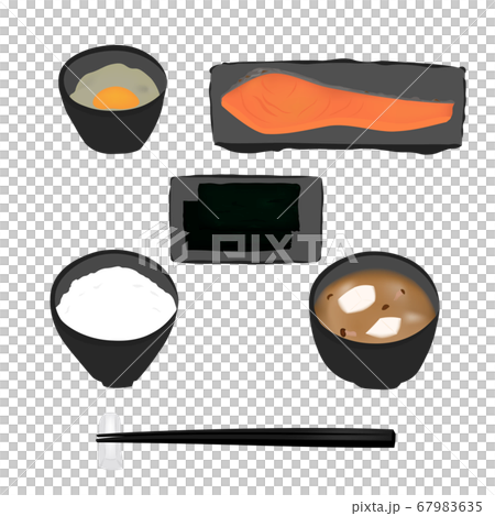 焼き魚と生卵と海苔の朝食イラストのイラスト素材
