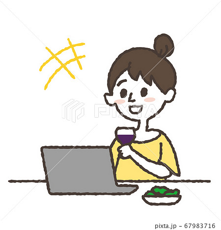 オンライン飲み会をしている若い女性のイラスト 67983716