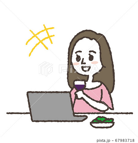 オンライン飲み会をしている若い女性のイラスト オンライン飲み会をしている若い女性のイラスト 67983718