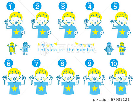 英語で1から10までの数える男の子の表情セットとロボットのイラスト素材