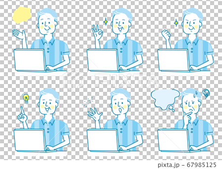Personal computer senior man facial expression set 67985125