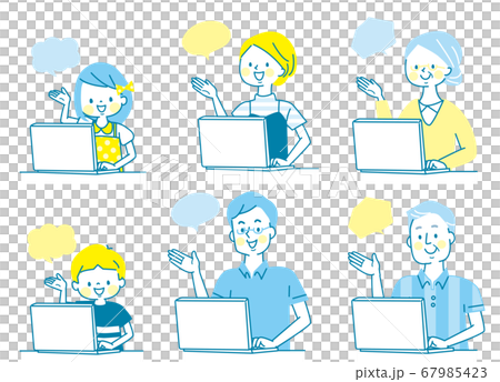 Personal computer and smiling family facial... - Stock Illustration ...