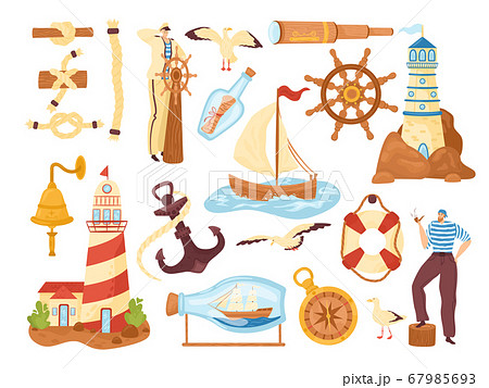 Sea marine and ocean elements collection, nautical vector illustrations icons set. Marine adventure equipment. 67985693