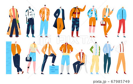 Man fashion styles, stylish male models in clothing, set of isolated vector illustration. Cartoon fashionable male characters. 67985749