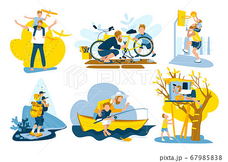 Father and son spending time together set of vector illustrations. Playing, fishing, hiking and building tree house, launching toy airplane. Father and son spending time together set of vector illustrations. Playing, fishing, hiking and building tree house, launching toy airplane. 67985838