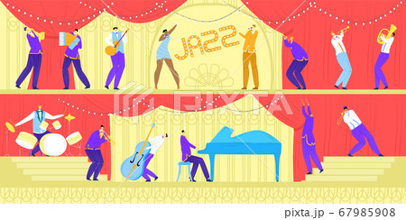 Jazz music band concert, musicians with musical instruments and singer, performance or festival horizontal banners vector illustration. 67985908