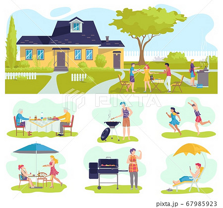 Family barbecue picnic in summer set of isolated vector illustration, barbeque with father, mother grilling meat, children playing. Family barbecue picnic in summer set of isolated vector illustration, barbeque with father, mother grilling meat, children playing. 67985923