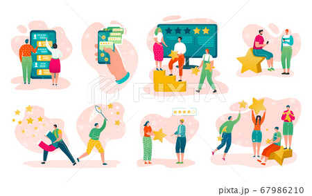 Customer service rating review, different specialists with quality rating on smartphone screen vote isolated vector illustrations set. 67986210