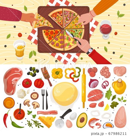 Pizza tasty food with various ingredients, tomato, cheese, mushroom, pepper isolated on white top view vector illustration. 67986211