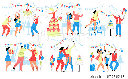 Happy people in birthday party vector illustration set, cartoon flat man woman characters celebrate birthdate together isolated on white Happy people in birthday party vector illustration set, cartoon flat man woman characters celebrate birthdate together isolated on white 67986213
