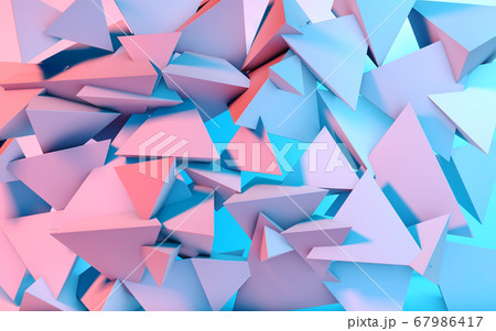 Abstract background with 3D shapes flying in pink and blue light as a messy array or chaotic structure for any pastel backdrop 67986417