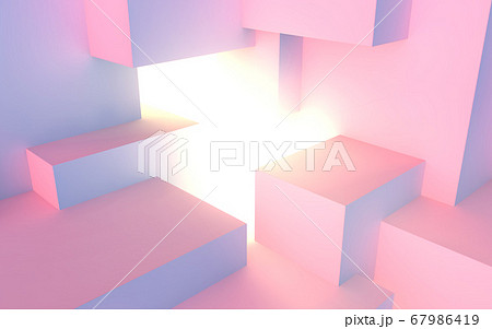 Abstract architectural vaporwave background with cube construction in pink and blue lights stage and light beam inside 67986419